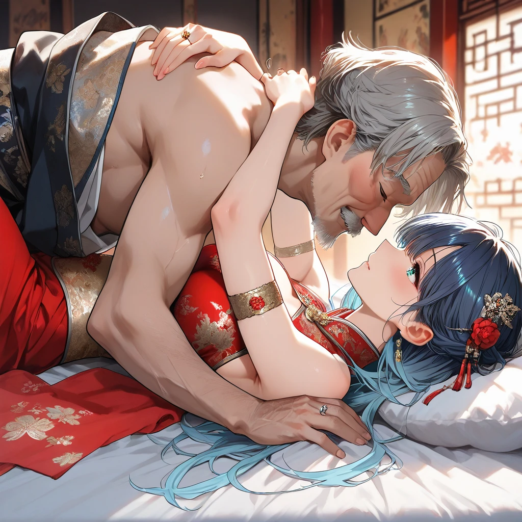 China A princess with black hair and beautiful makeup Crying and blushing Forced to have sex with the emperor Her red long-sleeved Chinese dress is stripped off and her penis is forced into her crotch on the futon. Virginity loss crisis Forced by a man