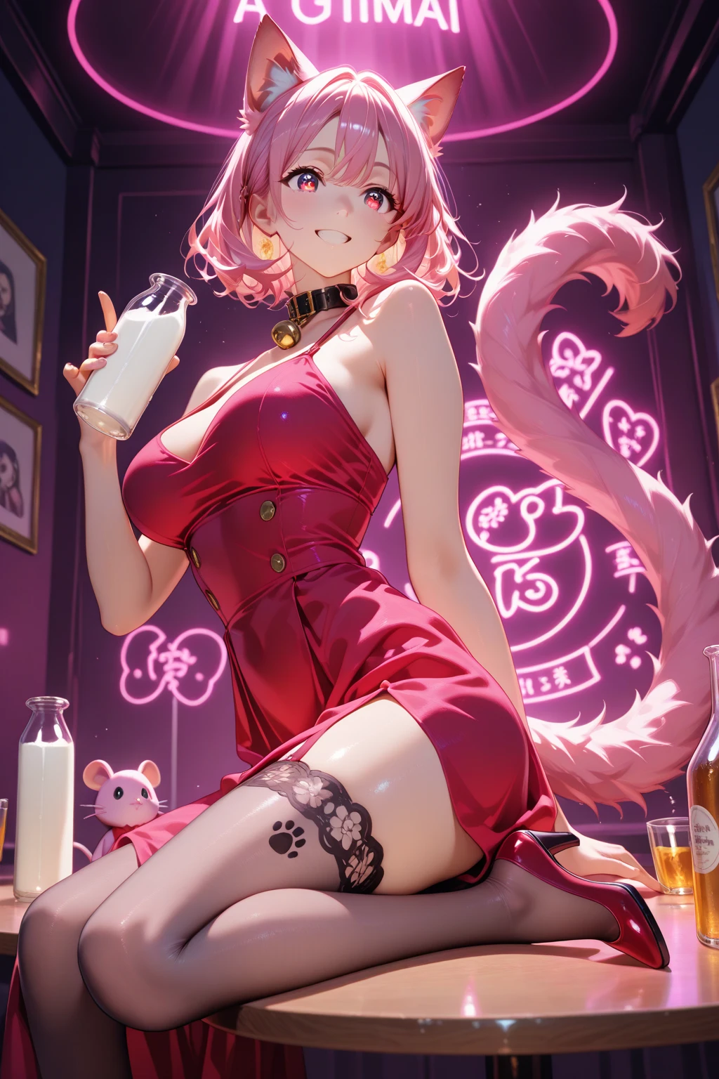 ((midynight, best qualtiy, 8K, tmasterpiece :1.3)), full bodyesbian, long leges, Sharp focus :1.2, A beautiful woman with a perfect figure :1.4, Slender abs :1.1, (, gigantic cleavage breasts :1.2), (nighttime scene, the roof:1.3)), Highly Detailed Face and Skin Textur, Fine Eye, 二重まぶた,(best qualtiy)Meticulous Gao Yagui lace gold skinny cheongsam girl,(Background with:Exquisite bar、Alcohol from different countries、Bartender),Sit on the floor of the bar,spread their legs,Wear a pink skinny cheongsam,Paired with noble pink lace,Excitation,cleanness,Bare chest,Protruding lower abdominal muscles,Reveal tight panties,And for《Super》Add a cinematic touch to your scene,(((Super big breasts:K cup))),((Pink curls,Pick dyeing、Colorful)),Tied with a high ponytail,Film lighting completes the overall atmosphere。