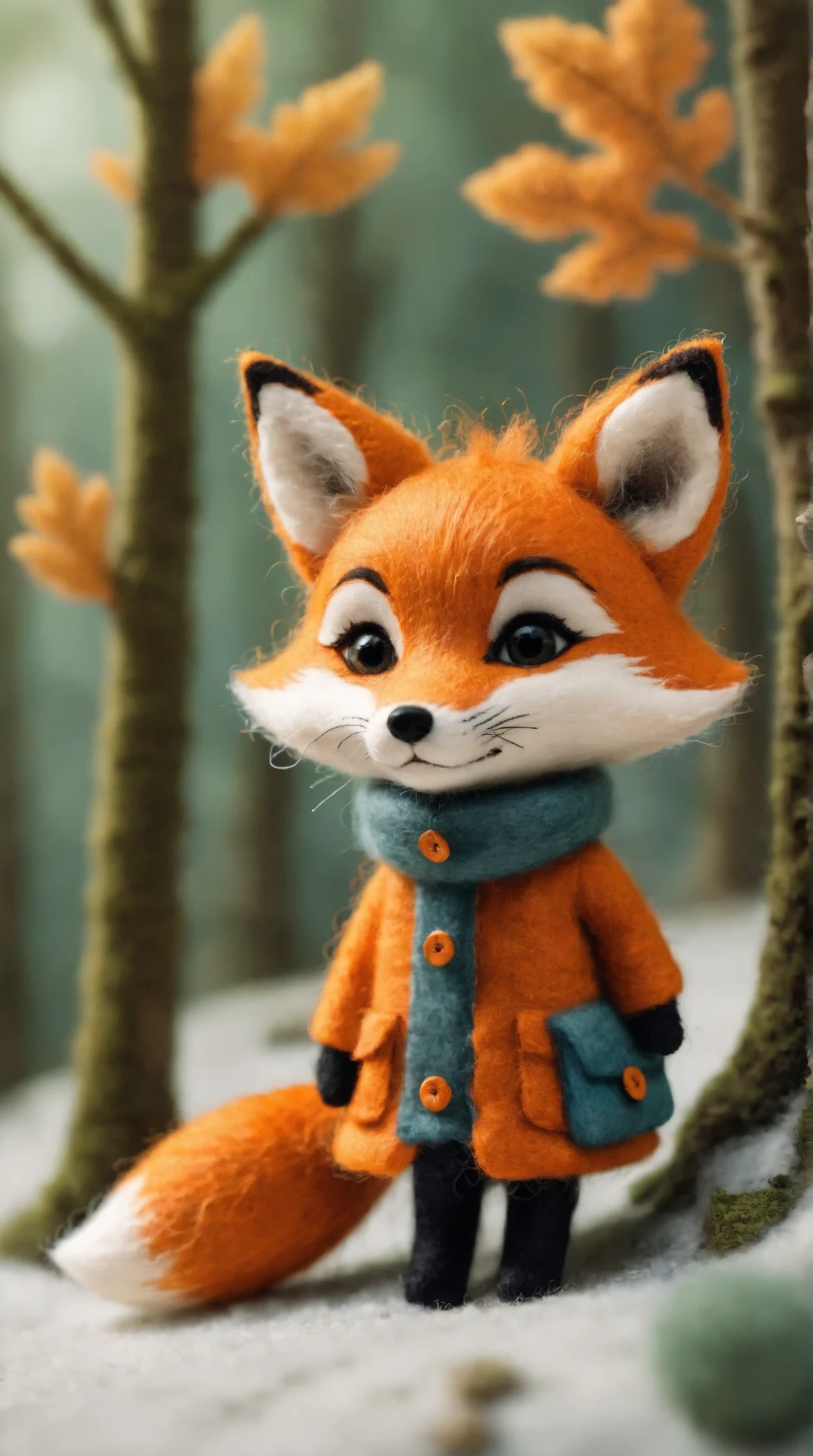 Felt-World\(style\), a fox carrying a letter, sealed with a fox’s paw print through a cozy forest