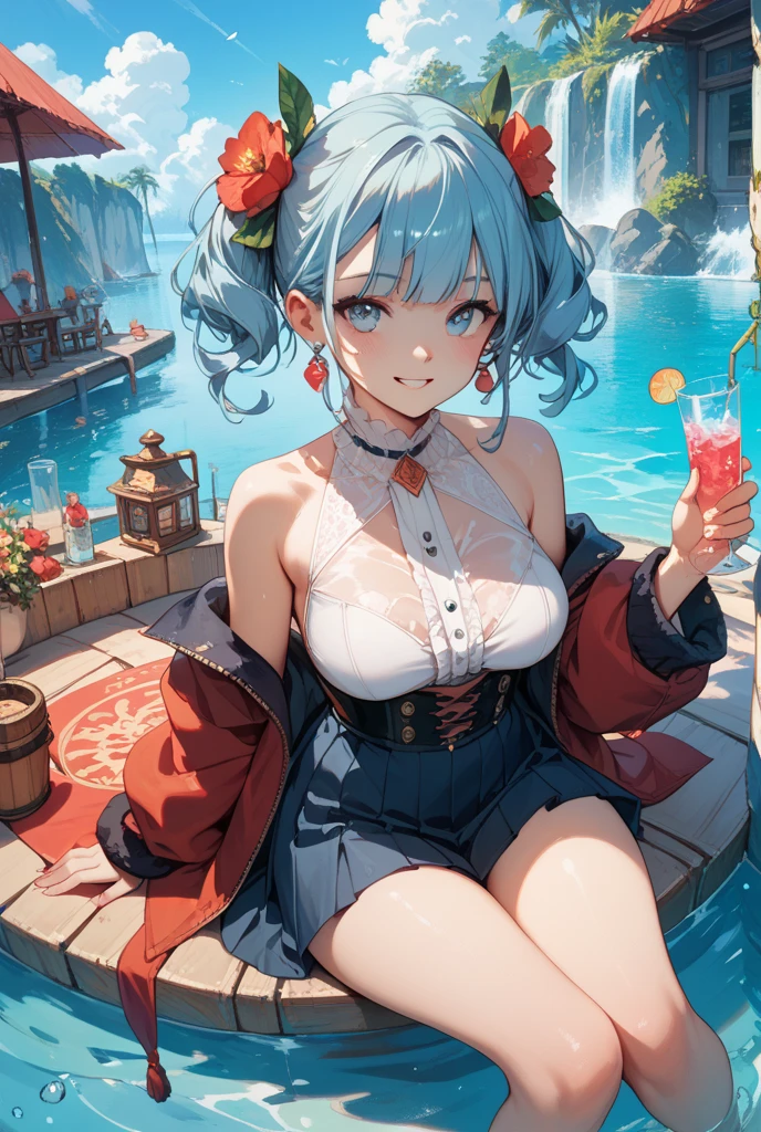 masterpiece, beach, 1girl, sitting, legs crossed, reclining, drink, solo, looking at viewer, smile, <lora:MarianneFE3H-FEH:0.85> sumMarianne, bikini, cleavage, braid, skirt, midriff, bare shoulders, off shoulder, blunt bangs, high heels