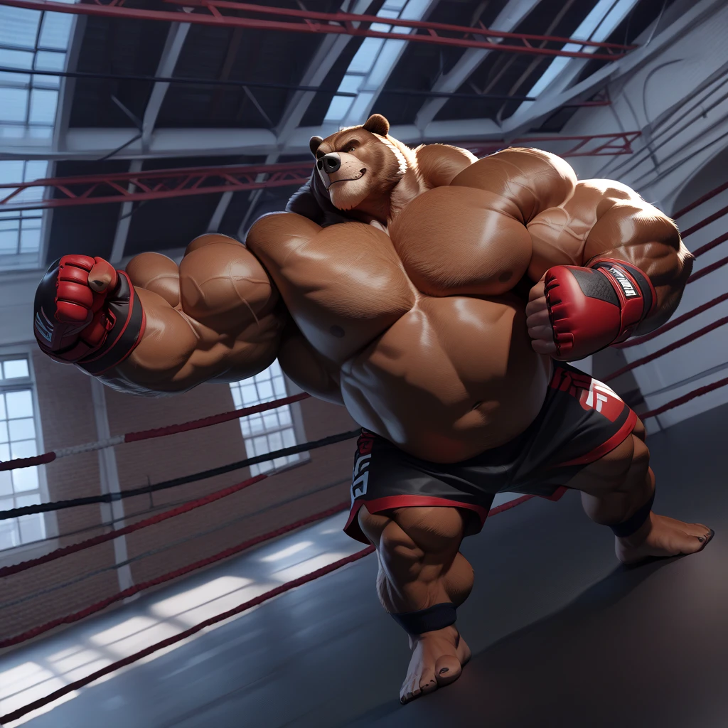 Solo, 1boy, huge muscular kodiak brown bear in big gym fitness center, big smirking, kodiak bear, huge brown fur, thick arms, huge arms, big fists, veins all over arms and chests, bald, big brown mustache and beard, (muscular, pectoral, wide pectoral, thick arms), HEIGHT: 220CM, WEIGHT: 370KG, belly with abs, gym sets, workout equipments, ring, punching bag, 8k, masterpiece, added cinnamon colored eyebrows, deatiled eyes with red pupils, (wearing black mixed martial arts shorts with red slits, black mixed martial art fingerless gloves with red pads, black toeless footwear tapes, shirtless and topless), punching and kicking techniques, bigger, harder, stronger.