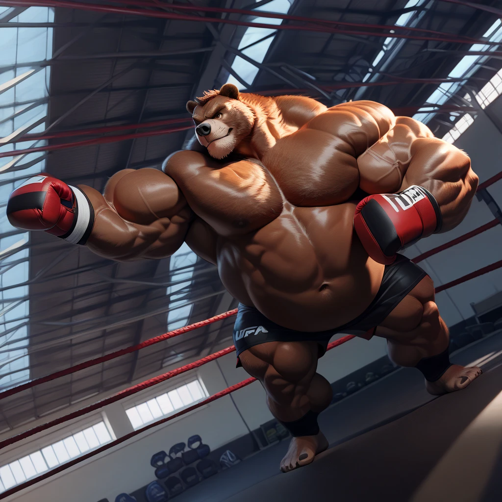 a huge muscular grizzly bear, bodybuilding competition, posing on stage, extremely detailed, photorealistic, 8k, award winning, cinematic lighting, dramatic pose, powerful muscles, rippling fur, intense expression, competitive briefs swim trunks, stage, audience, judges, dramatic background