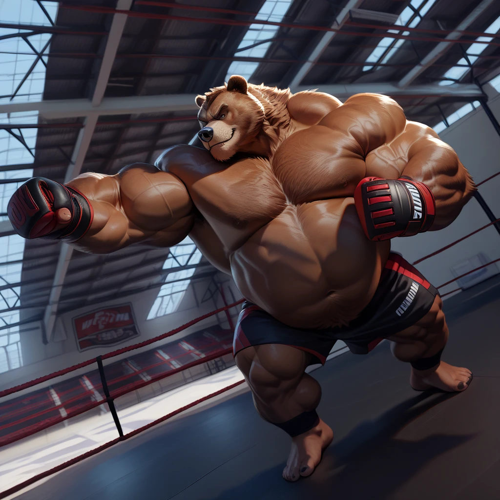 1boy, solo, muscular old man (furry grizzly bear) (bleeding, blood on body), ((fighting arena)), huge muscular, short hair, wearing kickboxing martial arts shorts, (cinematic light vfx background), dark background