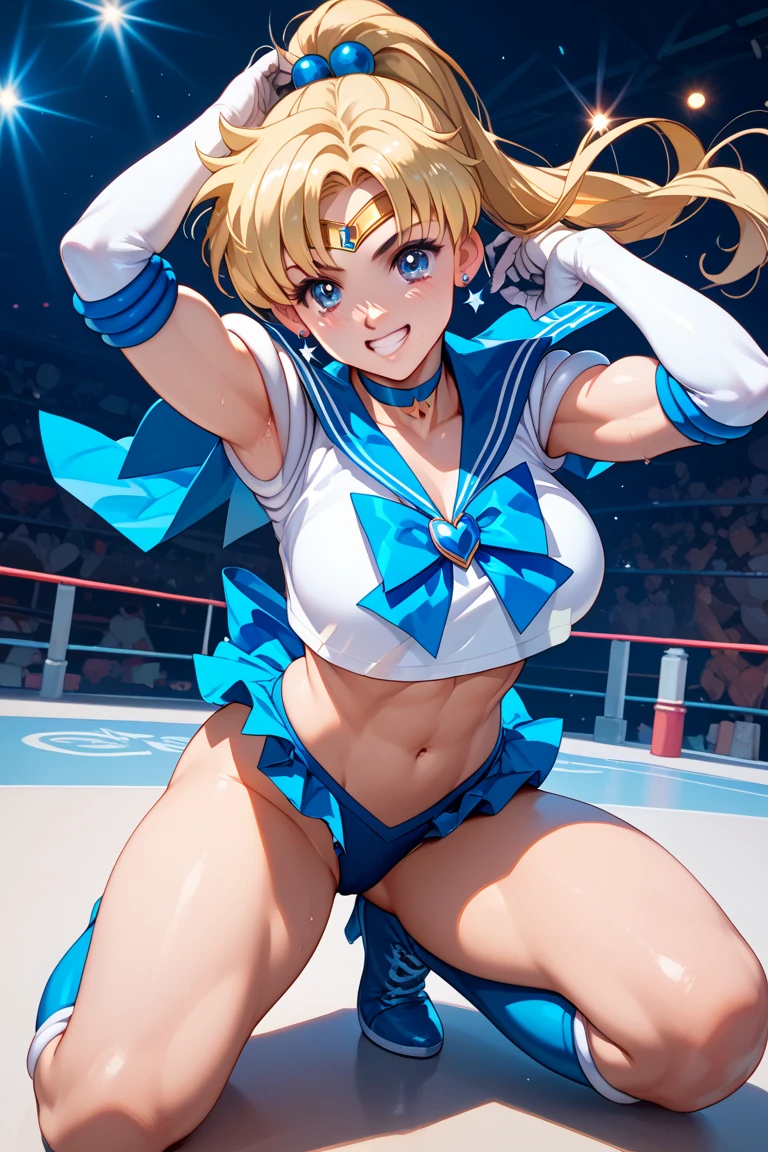  men and women ,expensive,170cm、  (Boxing Ring、Spotlight、A large number of people、Stadium), 、(have confidence々face、笑face)、Long Hair、They hesitate,Sweaty body、Wet Hair,  Underarm, Big Breasts , (expensive色彩彩度:1.0),  (Very detailed肌), (Highest quality:1.0), (Ultra-high resolution:1.0) ,(Realistic:1.0), (Very detailed:1.0), (8k, RAW Photos:1.1)、Are standing、Sailor Venus、Blonde