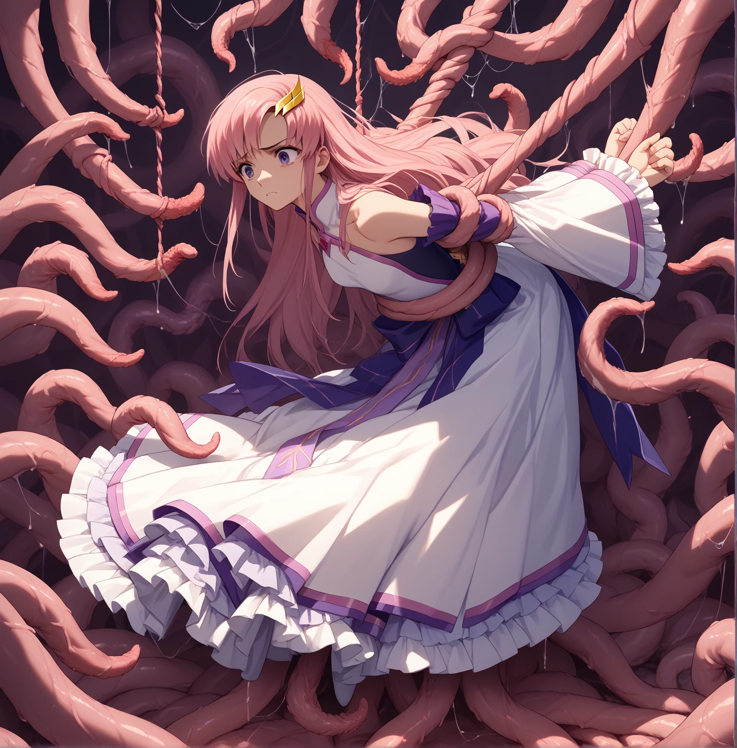 Partially underwater,最high quality,high quality, , Long Hair, Brown Hair, Wet Hair, Flat Chest,Dark underground labyrinth,No light,Cloth armor,Equipped with a dagger and a shield,Face above water,Body in water, Underwater Photography,The robe rolls up due to buoyancy,Painful face、My leg is pulled by tentacles、Being dragged into the water、Go wild