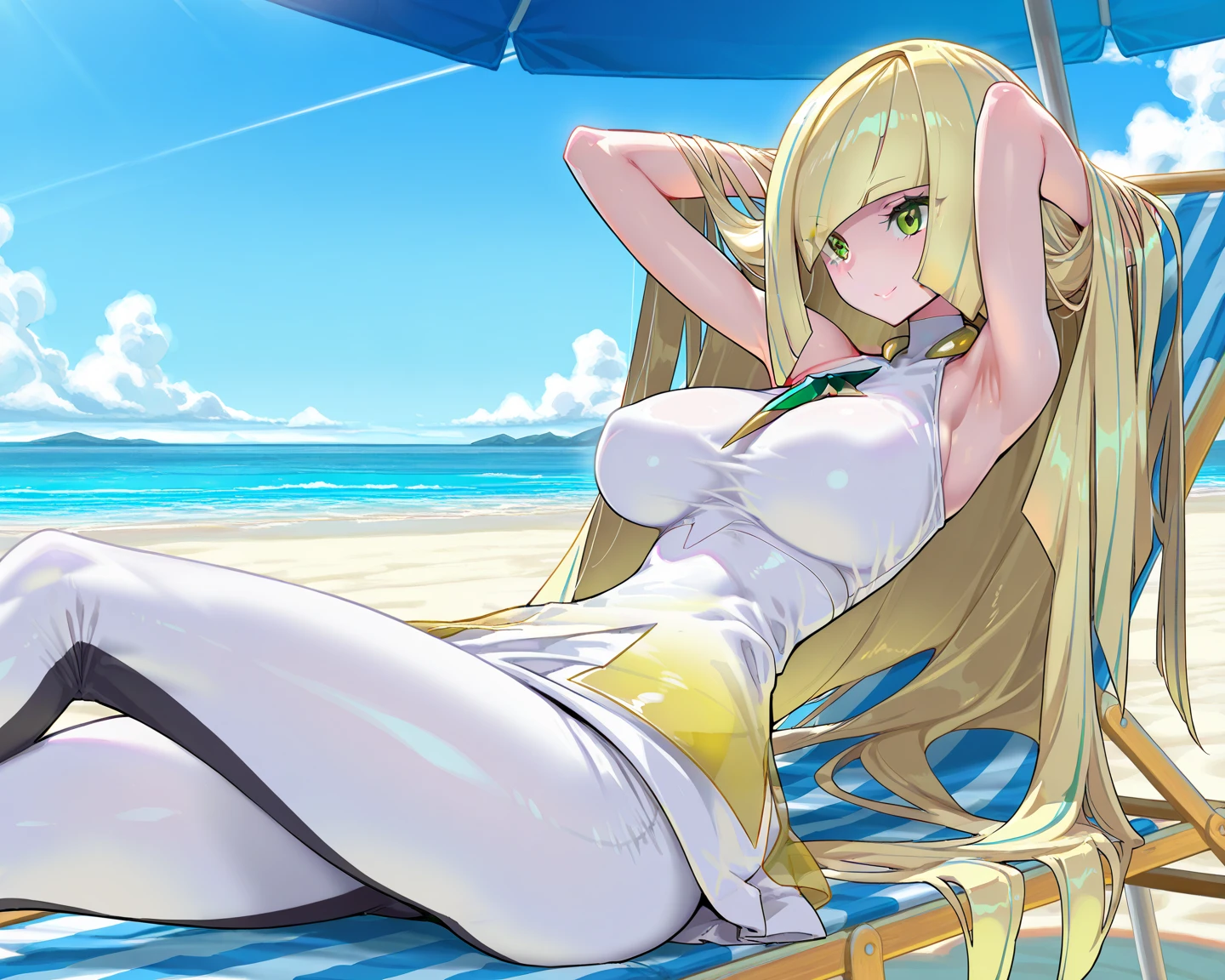 Yamanaka Ino, Summer dress, short yellow dress, wind, lifted dress, showing white thong. playa, sunny. Back
