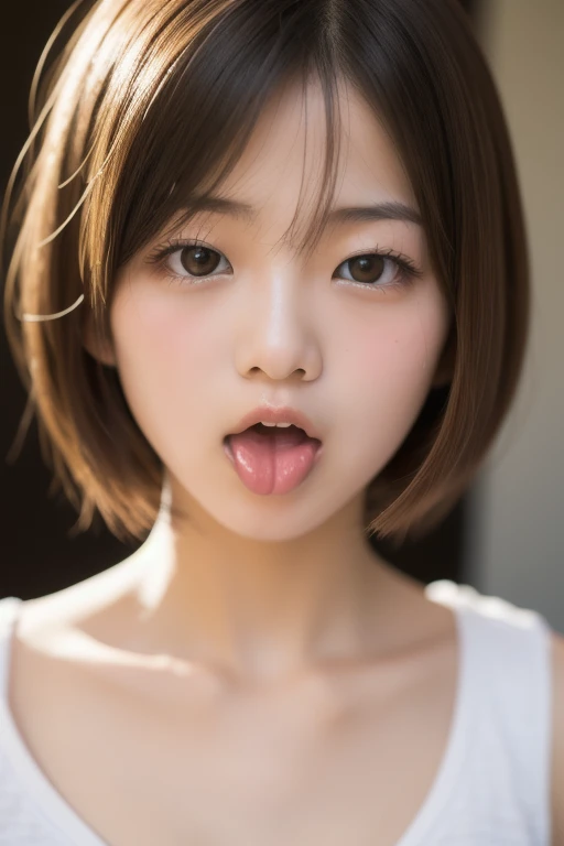 Sticking out pink wet tongue、Glossy red lip gloss