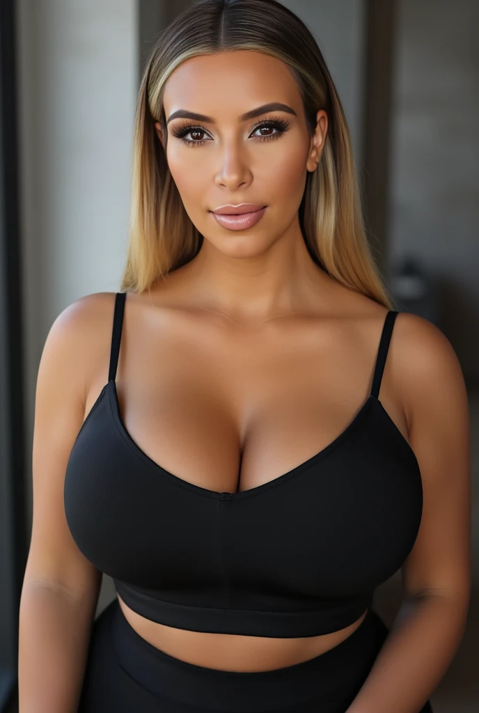 Khloé Kardashian in denim skinny jeans, knee high boots, black t-shirt, full body photo, no cleavage, tied up high ponytail hair, posing near pool, sunny day, navel out, breasts visible show, hourglass figure, small breasts, seductive face, look at camera and laugh, erotic adult face, 40 yo, soft volumetric lights, intricate details, (ArtStation:1.2)