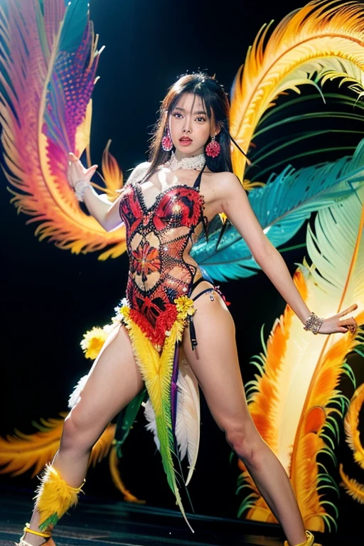 (masterpiece、top-quality)、high resolution details、foco nítido、(Photoreal Stick:1.2)、1girl in、Cowboy Shot、(The beauty of a woman and the beauty of a phoenix feather seamlessly blend:1.1)、(Dance in a kaleidoscope of vibrant colors and patterns、The blades react and、、、Reflect her movements in a captivating fractal design:1.1)、