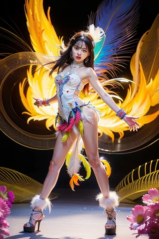 ((best quality)), ((masterpiece)), (detailed), perfect face 3 Naked woman dynamic pose, Big breasts, round hips, Full figure, (masterpiece, top quality, best quality, official art, beautiful and aesthetic:1.2), (3 Women:1.3), extremely detailed,(fractal art:1.1),(colorful:1.1)(flowers:1.3),highest detailed,(zentangle neon:1.2), (dynamic pose), (abstract background neon:1.3), (shiny skin), (many colors:1.4), ,(earrings), (feathers:1.5) , (Flamethrower:1.3),red background,Phoenix dress,Neon,full HD