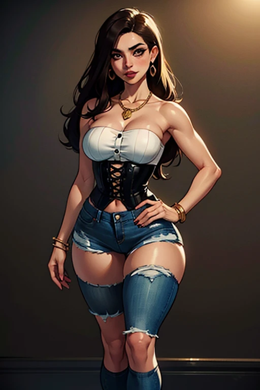 Digital painting, 4k, comic Babes, (high quality, best rendering), (beautiful girl), blue eyes, black hair (bombshell, pin-up style), psychopath, Crazy face, sexy pose, short denim shorts, tank top, pastel, centered, size to fit dimensions, micro thong, micro bikini, camel toe