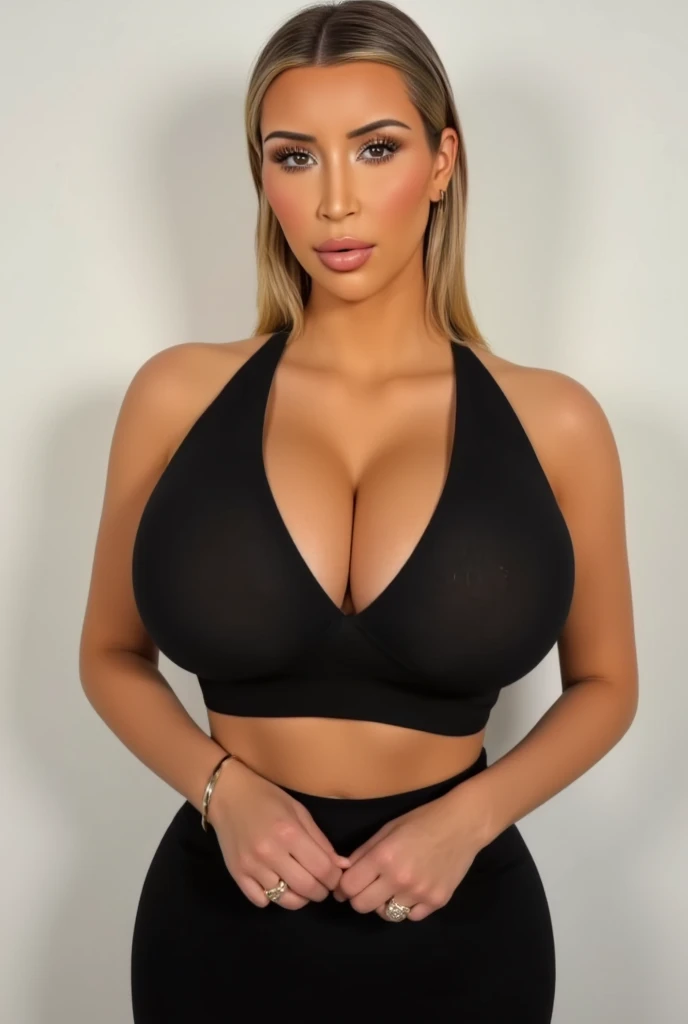 Khloé Kardashian as construction lady, black shorts, high boots, tank top, massive cleavage, posing in construction site, night scene, yellow helmet, navel out, breasts visible show, 90% breasts popping out, hourglass figure, massive breasts, nipple slip, fit, seductive face, look at camera and laugh, wet ponytail hair, erotic adult face, 40 yo, soft volumetric lights, intricate details, (ArtStation:1.2)