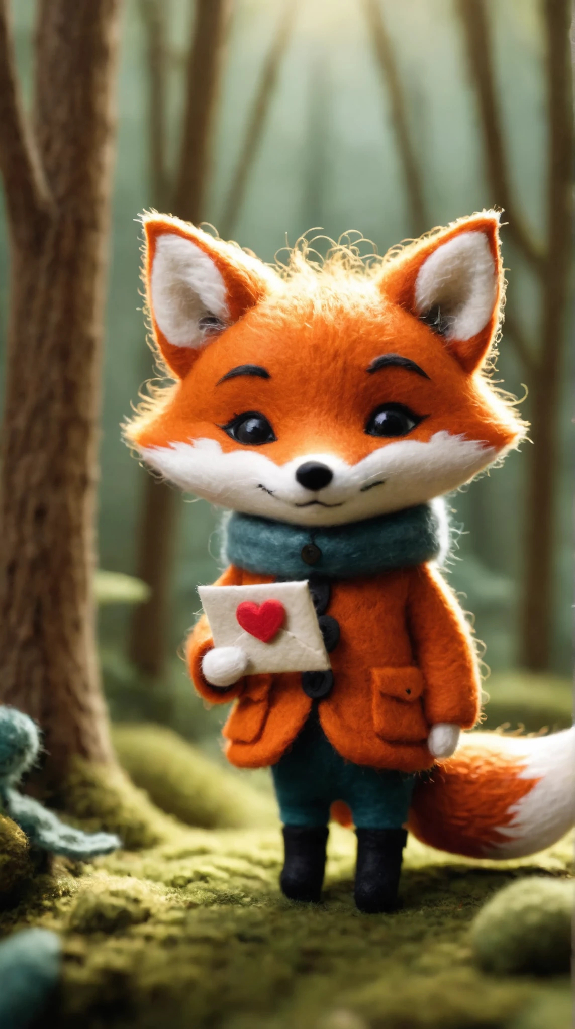 Felt-World\(style\), a fox carrying a letter sealed with heart stamp through a cozy forest