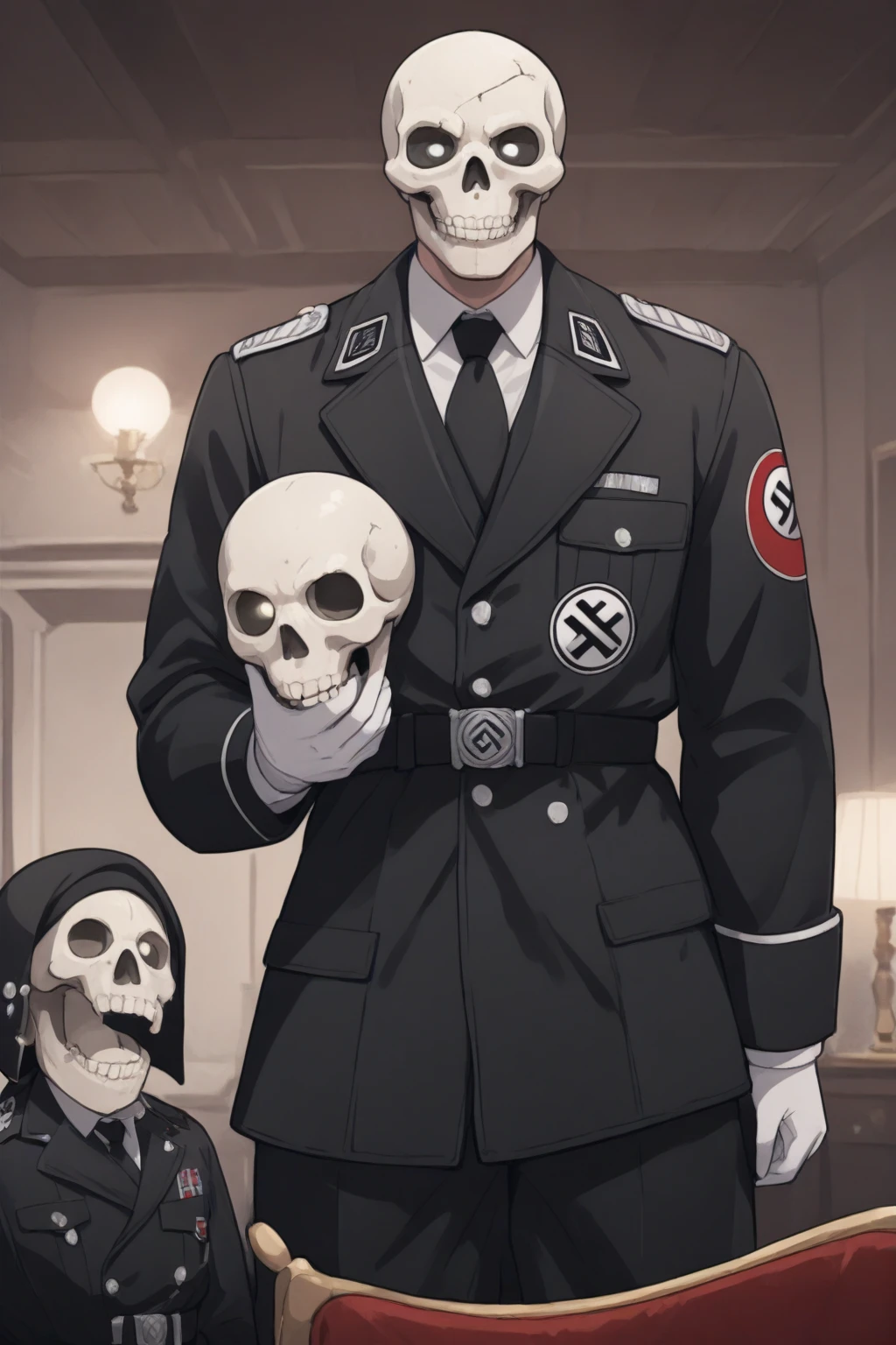 Skeleton character of medium height, military hat with a skull, black military clothing, Good friend