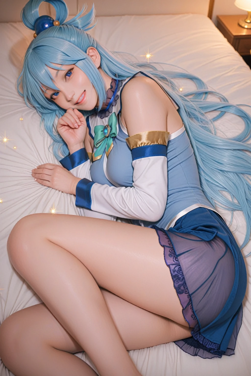 2 girls, realistic, dakimakura, Soraka, Dark Magician Girl, cosplay in bed, high heel boots, together, Best quality, masterpiece