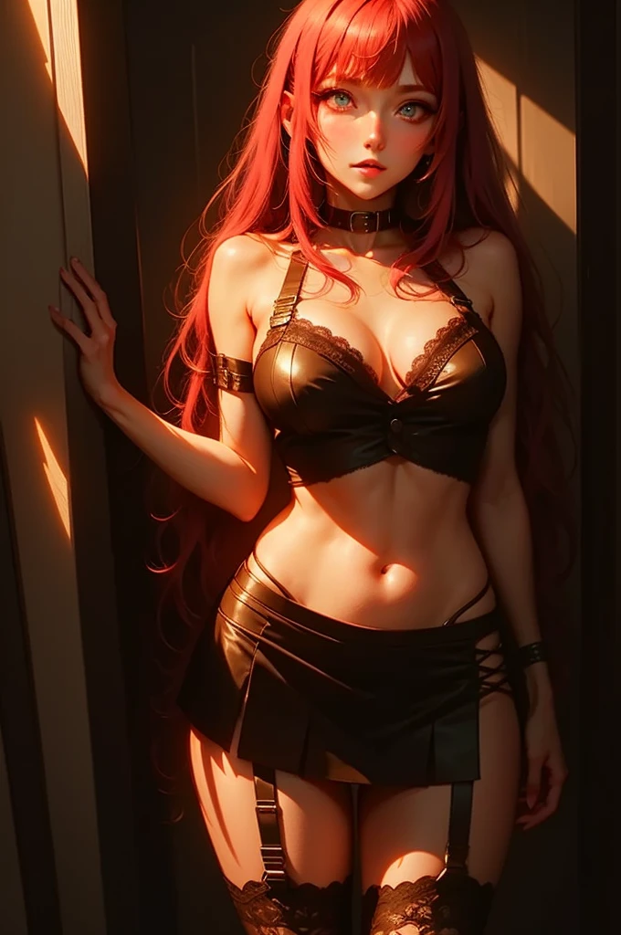Girl, star eye, blush, perfect illumination, Red hair, red eye, side light, detailed face, Pony, light skin, sexy underwear with stockings, backdrop, dark backdrop, eye-catching dog collar, Fitnessmodel, sinny body, small breasts