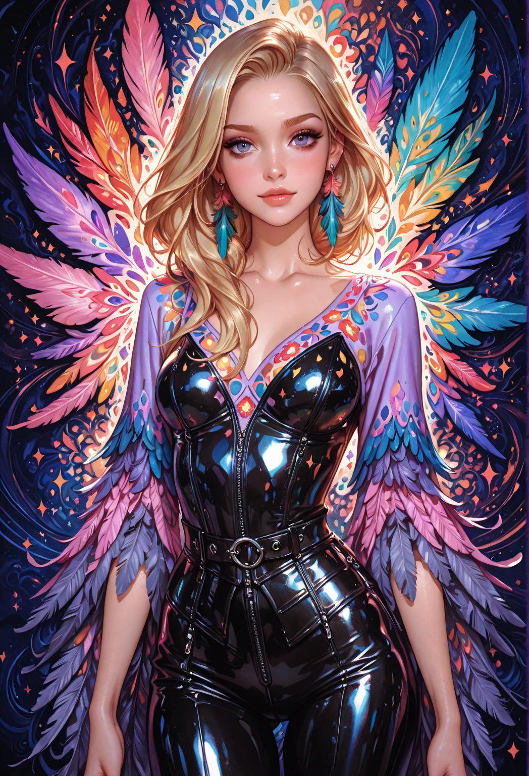 realistic, masterpiece, top quality, best quality, official art, beautiful and aesthetic,huge breast,Beautiful breast,extremely detailed,fractal art,colorful,highest detailed,zentangle,abstract background 1girl, birds,silver hair, bright eyes,hair slicked back, short hair, black robe,