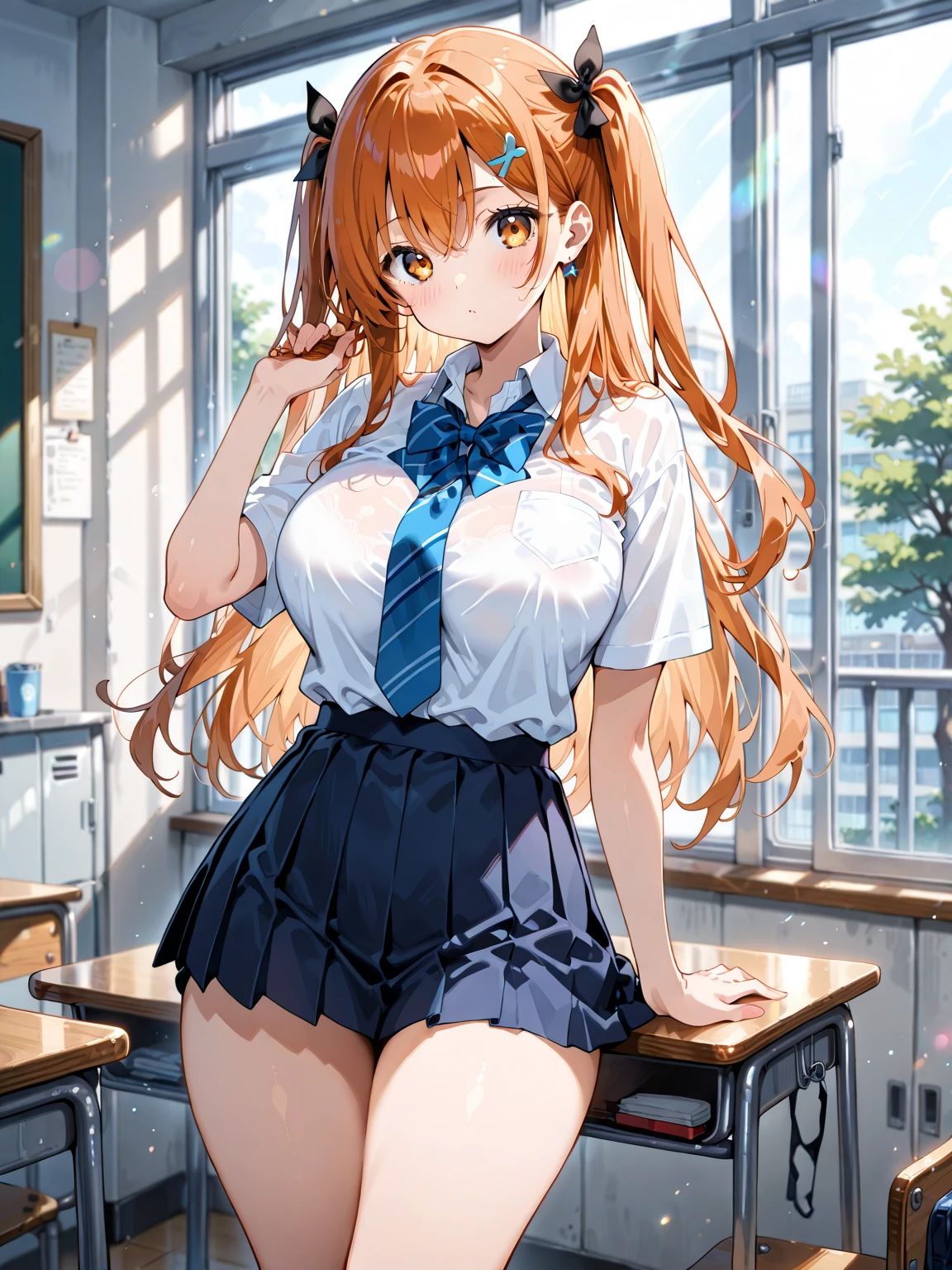 asuka Langley, blue , White short sleeve blouse, red bow on neck, long blue skirt, raised skirt, tight striped boyshort, beautiful and perfect legs, perfect body, whole body, Classroom, noon, perfect face smiling