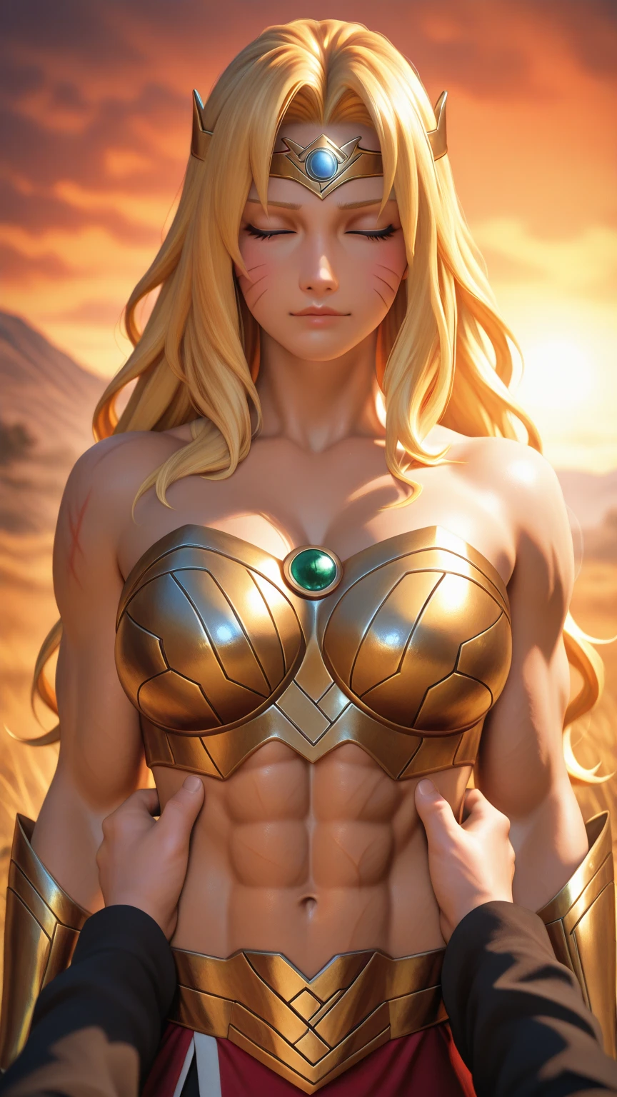(1girll), huge tit, Breasts, Conque, Moisturizes skin, ,trpical garden , Fairy princess dress,Embellished with delicate lace and sparkling gemstones , teens girl,realistic illumination,top Quority,8K,tmasterpiece,Muscular female,Muscular,Abs,(Blonde hair), (Blue skin:1.4),