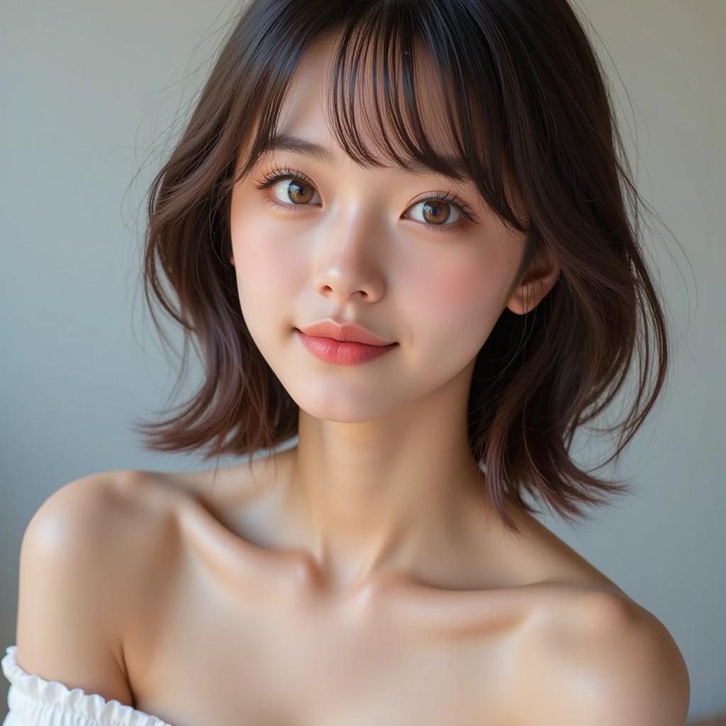 ((highest quality、Masterpiece、High resolution))、(((Zoom photo of upper body、Black Hair)))、(A shy smile:1.2)、One woman、Beautiful Skin、Beautiful Eyes、Cleavage、Off-the-shoulder sweater、Trimmed bangs、Wavy Hair