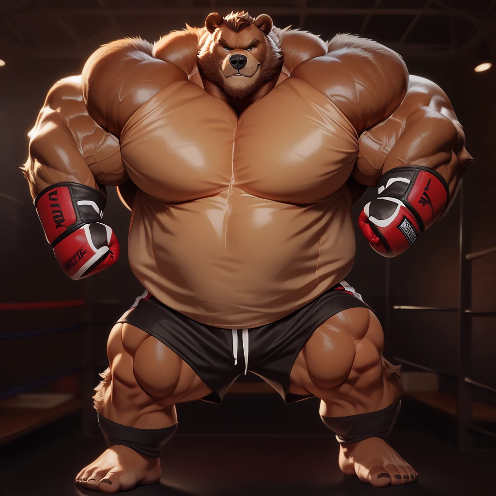 Solo, 1boy, huge muscular kodiak brown bear in big gym fitness center, big smirking, kodiak bear, huge brown fur, thick arms, huge arms, big fists, veins all over arms and chests, bald, big brown mustache and beard, (muscular, pectoral, wide pectoral, thick arms), HEIGHT: 220CM, WEIGHT: 370KG, gym sets, workout equipments, ring, punching bag, 8k, masterpiece, added cinnamon colored eyebrows, deatiled eyes with red pupils, (wearing black mixed martial arts shorts with red slits, black mixed martial art fingerless gloves with red pads, black toeless footwear tapes, shirtless and topless), punching and kicking techniques,