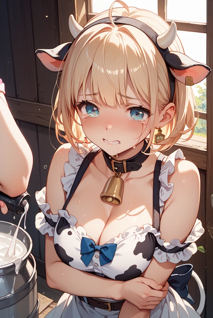 (Hyper-realistic), (a picture), (high resolution), (in 8K), (high detailed), (Best Illustration), (Beautiful detailed face), (top-quality), (ultra-detailed), (masterpiece), (wall-paper), (Detailed face:1.4), short-length hair, (1girl), (Shiny skin), (thin cheeks, shinny skin, shiny lip, lighting on the face), ????????, (smile), (rolling eyes), (cross-eyed), (??????), (open mouth), (tongue out), (in cowshed:1.2), (hucow), (cow girl), (cow ears), (????:1.4), (???????:1.2), (big ???????), (huge ???????), (cow horns), (neck bell), (ring collar), (milking machine:1.8), (milk stream:1.2), (?????? pump:1.2), (?????? suction:1.4), (projectile lactation), (sagging ???????:1.2), (????????????), (tubes suctioning), (suction device), (harness), (tubes attatched to ???????), (?????? harness), (metal cage), (hoses:1.2), (?????????????), (milk tanks), (glory wall:1.4), (stuck:1.4), (through wall:1.4)