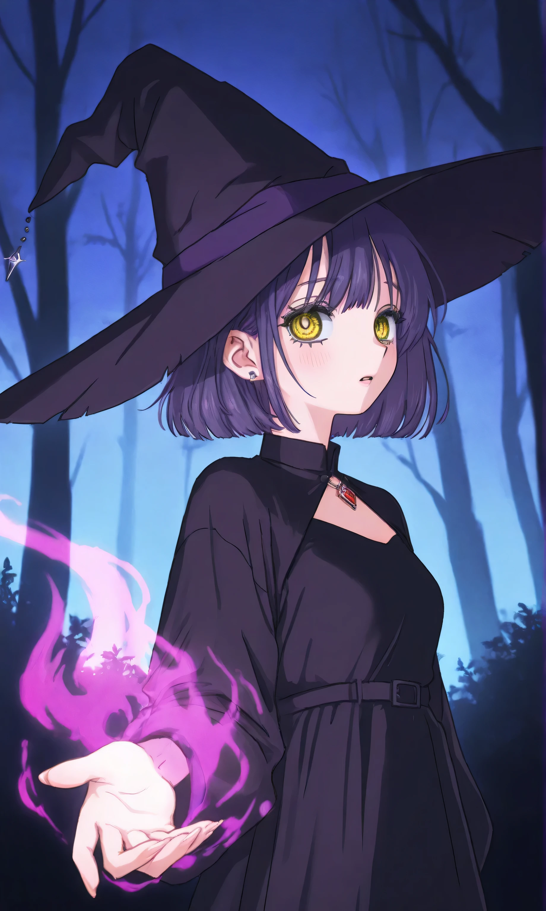 1girl, short hair, purple hair, yellow eyes, small breasts, in a dark forest, flying, conjuring spell, detailed face, detailed eyes,hamafugustyle