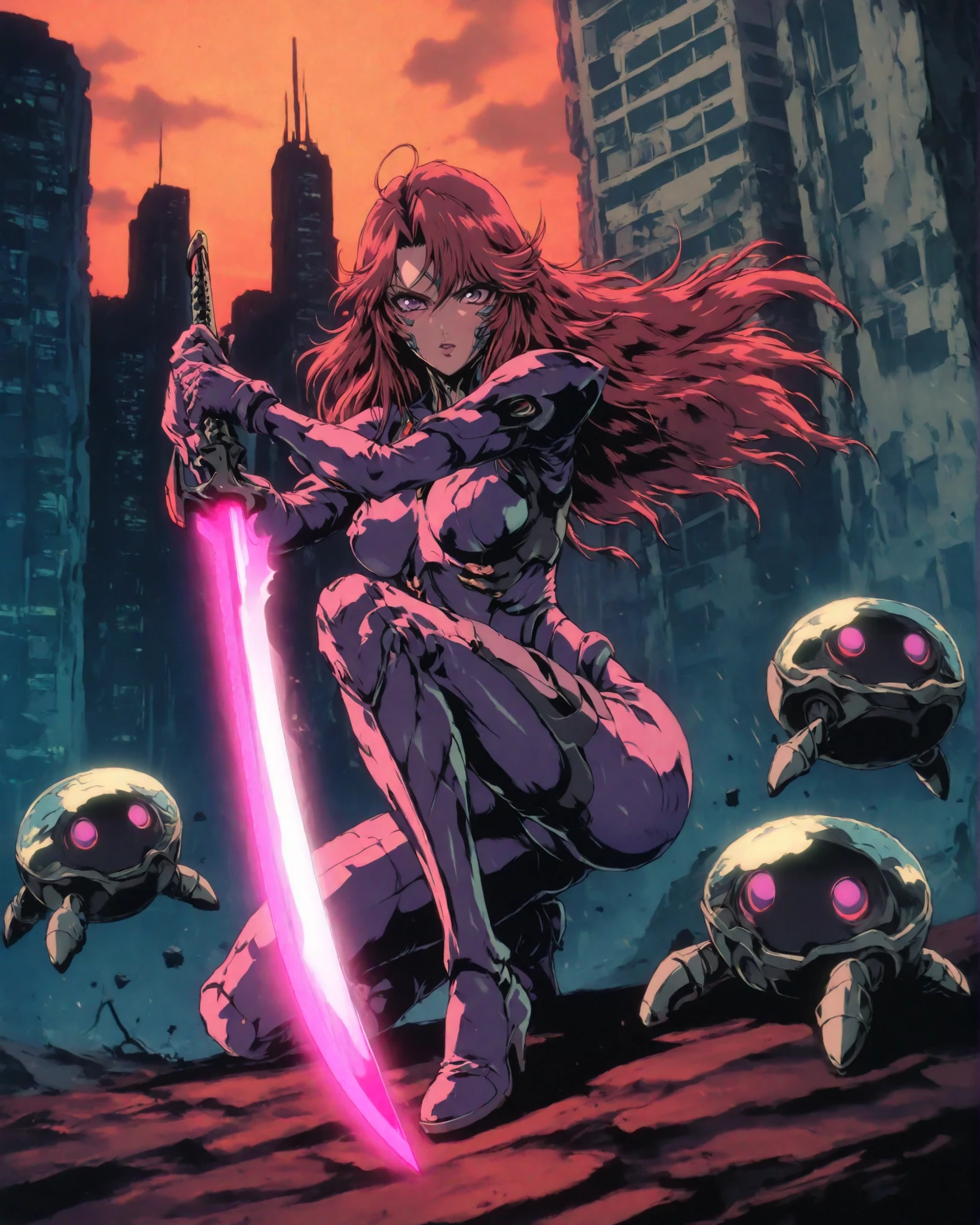 Masterpiece, ultra-detailed, 4K resolution, cinematic lighting with realistic ray tracing and soft shadows. Dynamic composition from an acoustic camera angle. EVE (from Stellar Blade), strikingly beautiful, with natural proportions and perfect anatomy. She has expressive facial features, long, wavy red hair, and vivid purple eyes. She wears sleek, futuristic cyberpunk armor in shades of purple with bright neon pink accents. She holds a sword with a radiant neon pink blade. The surrounding environment is surreal and terrifying—a dreamlike post-apocalyptic landscape with crumbling buildings in the background, an orange sky, and twisted, deformed robots and amorphous creatures advancing from every direction. The scene blends the aesthetics of a vivid dream and a terrifying dystopia, with a perfect balance of dramatic lighting and shadows, evoking a powerful sense of cinematic urgency and emotional depth.
