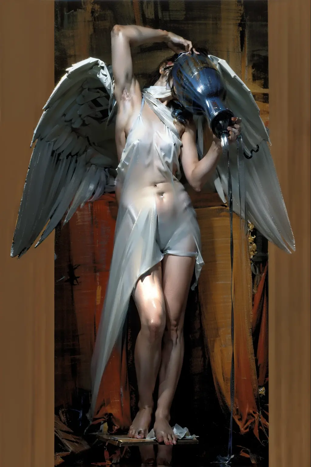 一座lifelike希腊白色大理石雕像，A main sculpture in the shape of an angel，Holding a water bottle in hand，Showing a downward tilting action，But this sculpture has no head，Meticulous details, neutral background, moody, , lifelike, Thoughtful movie dinner, super detailed, Surreal, bright lights, 8k