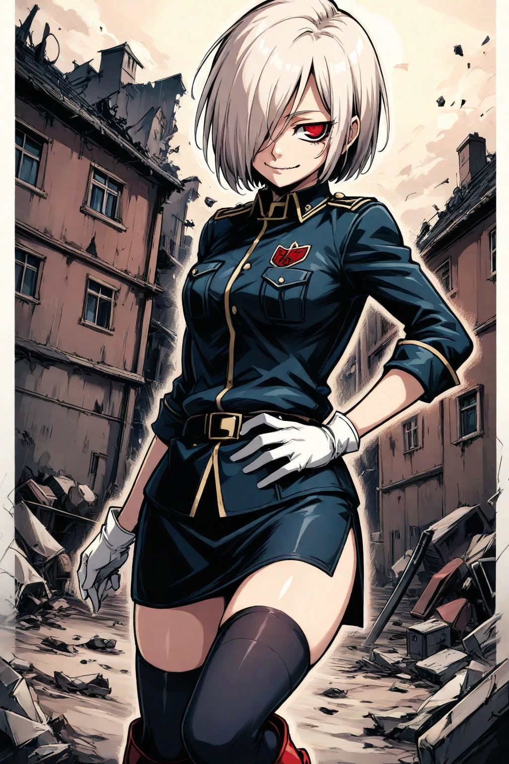 girl vampire in military uniform red, light hair, rolled up sleeves, slim short skirt, short anime hairstyle, square eyes, one eye covering hair, white gloves, red boots and high stockings, medium  shape, the shape of the good fits her slender figure and tight ,  light smile , on the left shoulder of the emblem "Hellsing", behind the destroyed houses and bodies of soldiers in black uniform
