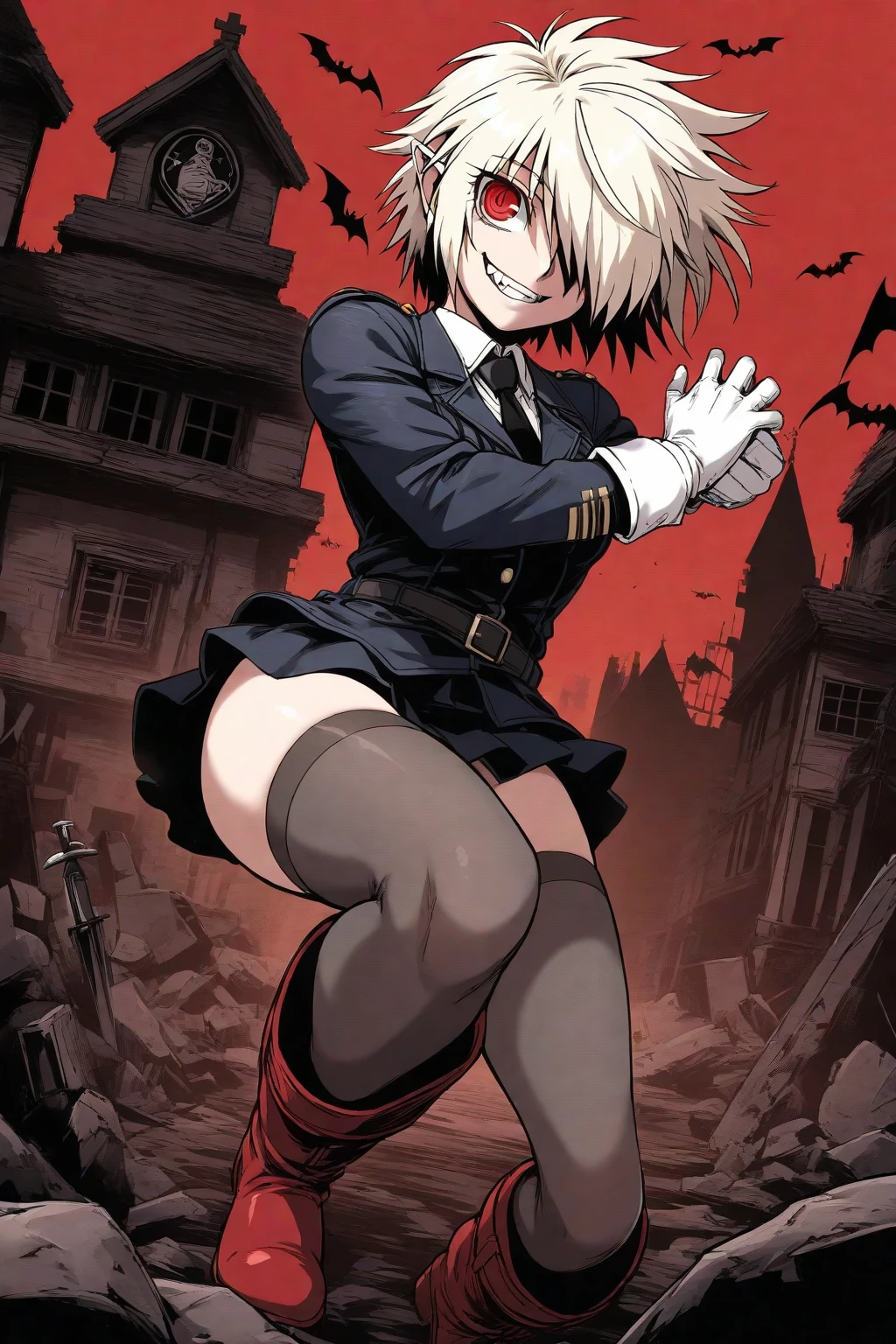 girl vampire in military uniform red, light hair, rolled up sleeves, slim short skirt, short anime hairstyle, square eyes, one eye covering hair, white gloves, red boots and high stockings, medium  shape, the shape of the good fits her slender figure and tight ,  light smile , on the left shoulder of the emblem "Hellsing", behind the destroyed houses and bodies of soldiers in black uniform
