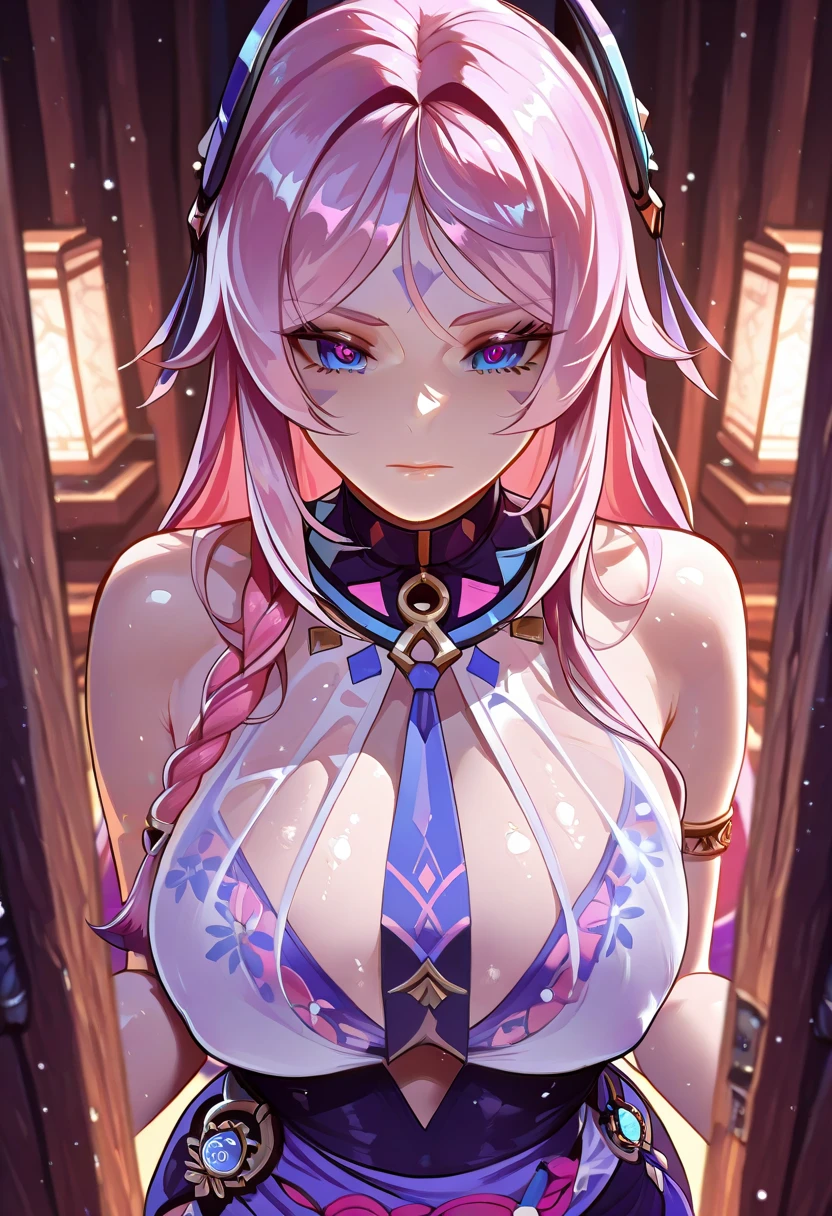 masterpiece, best quality, ultra-detailed, illustration,(1girl),beautiful detailed eyes, looking at viewer, close up, (breast focus), (arms behind back:1.2), (from above:1.1), pink hair, huge breasts, (breasts out:1.3), (off shoulder:1.1), underwear, --auto --s2