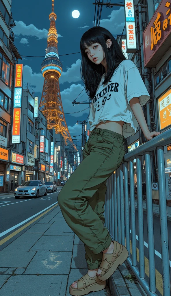 Fashion-forward Japanese influencer in chic modern beach wear (NOT traditional clothing), live-streaming from a floating AR beach pop-up in the middle of Shibuya. Wearing trendy swimsuit or bikini top with a stylish cover-up, sunglasses, and beach hat. Holding a smartphone for streaming. Surrounded by clearly virtual palm trees and holographic sea creatures. Shibuya crossing visible in the background with skyscrapers and neon signs. AR elements should be distinct from real elements. Urban beach meets high-tech aesthetic.