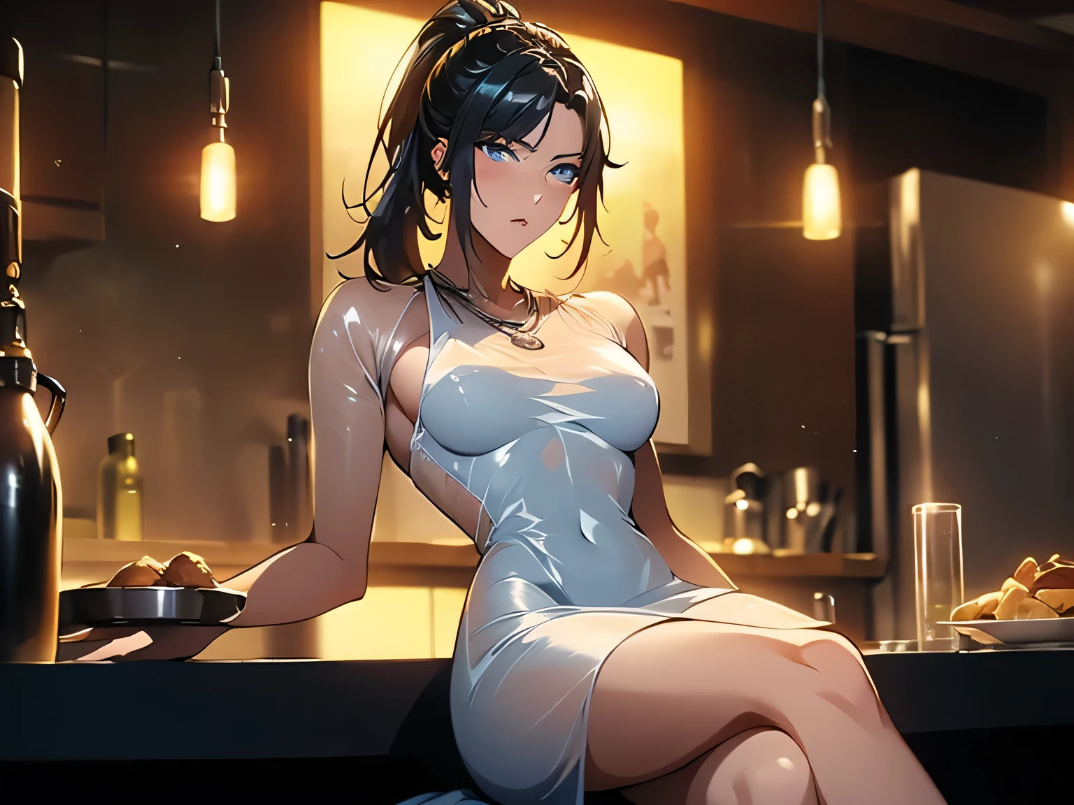 nsfw、animation、ONE WOMAN、(((Raising Her Hair)))、(((sexy pose with crotch spread)))、(((I'm putting my right hand on my crotch)))、silver long hair with semen sealed、(((ponytail)))、(((blue eyes)))、sad expression、(((small breasts)))、(((slim figure)))、(((see-through short white dress)))、(((See-through thin dress)))、(((Tight Miniskirt)))、sleeveless、I'm biting my lip、(((is looking down)))、Dark Kitchen、City Night、(((The dress is transparent)))、(((The inside of the dress is naked)))、in big city silver pendant