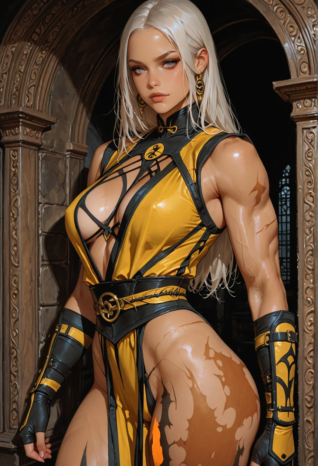 Cammy, elegant adult female, blonde, green eyes, (yellow eyelashes), crown, turtleneck, cleavage cutout, sleeveless, blue leotard, elbow gloves, gauntlets, blue thigh, elegantly (sit on throne), throne room, close-up protrait, high resolution, extremely detail 8k cg, yellow bikini (yellow tiger stripes)