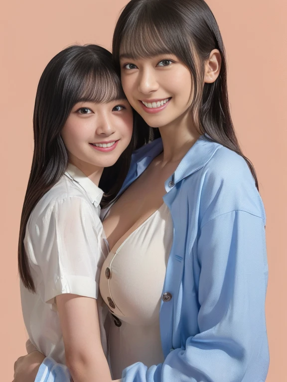 score_8, score_9, Portrait, Cowboy Shot, Long Straight Hair, Brown Hair, sexy, girl, Sisters, ((Light blue tight-collared shirt)), Adorable, smile, ((Slim face, Slim body)),Perfect hands,Black choker、Blue color contact lenses、bangs、Very thick and long eyelashes、((Big Breasts)), Dependents, Big Breasts, Red lipstick, Anatomically correct, clear、((upright))、Dependents、Obedient women