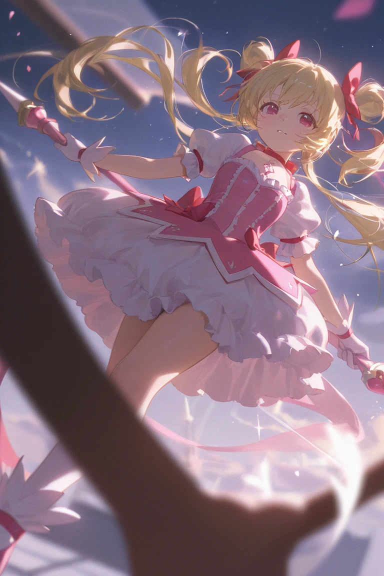(masterpiece:1.3) , (best quality:1.3) , (ultra-detailed:1.3) (best illustration, perfect anatomy:1.4)
BREAK, female , , (flat breasts:1.2),short stature,
short hair, (two side up), apricot hair, pink ribbon,
lime green eyes, baby face, slant eyes, big eyes, 8 years old, (smile:1.3),
BREAK, very cute, kawaii, magical girl, (white tights, white stockings, white elbow gloves), (highleg yellow bodysuit, bare shoulder, short skirt, frill skirts, white corset, holding, rapier, holding rapier),
BREAK, fighting stance, night sky