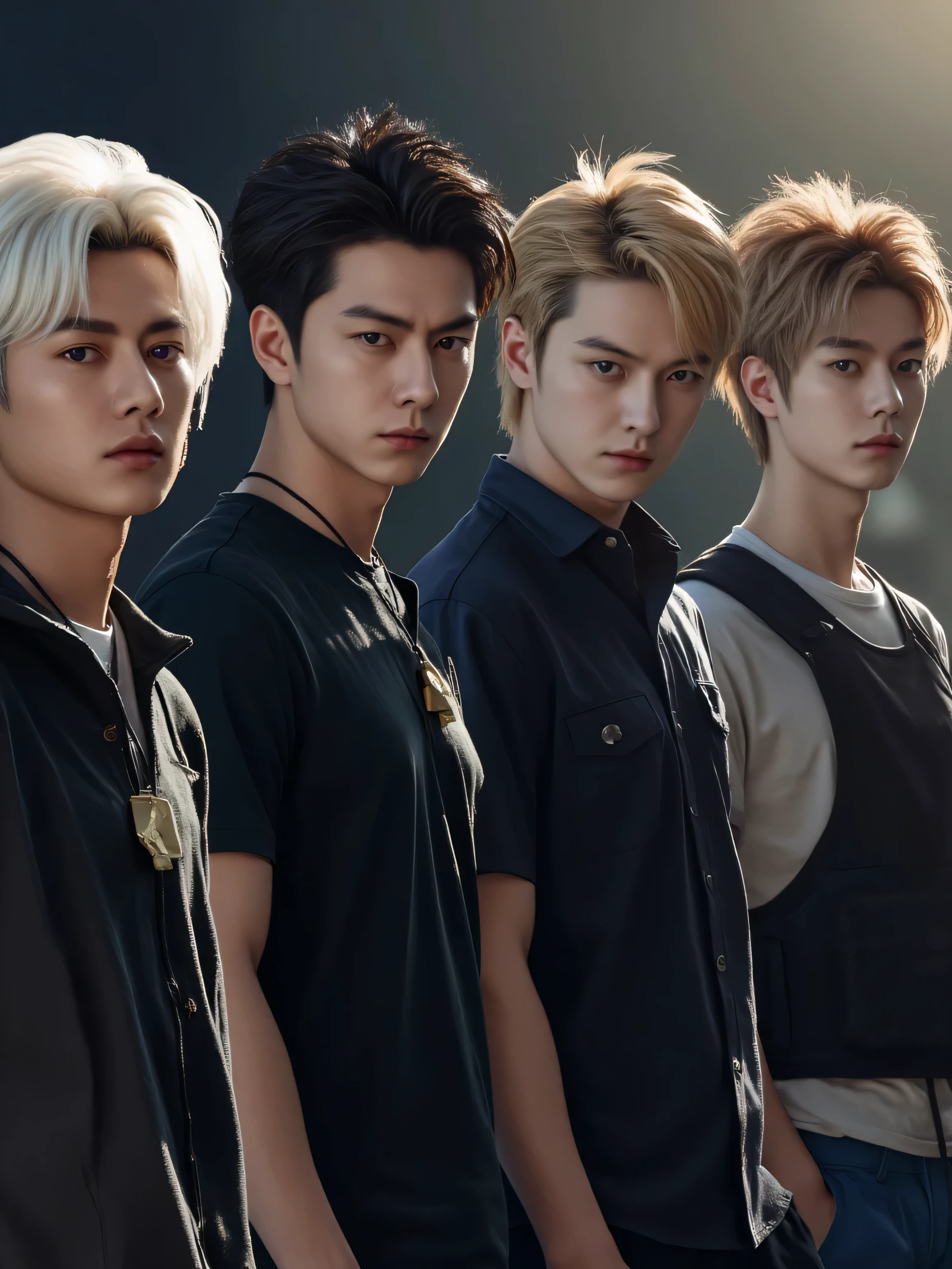 Masterpiece Best Quality (Wallpapers 8K Very High Detail) (best illustration) (The best shadow) Realistic lighting, high resolution, very realistic
Asian male, good-looking, good-looking, standing in a row of 4 people, all looking the same, standing in a row, respectively, 1 , 2 , 3 ,And 4 from left to right in the abandoned city that was burned by
The first man was a 25-year-old Asian man of good looks, smooth face, moody, handsome, bright purple eyes, white hair with Comma hair, wearing a Vanta, wearing a military tag necklace, wearing a black hoodie and a white tight sports undershirt, wearing black military tactical pants.
The second man was a 25-year-old Asian man with good looks, serious face color, good figure, red eyes, black hair, quiff hair, wearing a military tag necklace, wearing a black shirt and wearing blue men's slacks.
The third man was a 25-year-old Asian male, good-looking, blank face, unemotional, handsome, bright blue eyes, white hair, Two Block hair wearing a military tag necklace, wearing a black suit and wearing black men's slacks.
The fourth was a 25-year-old Asian man, with a handsome, angry and ferocious face like a wild animal, an athletic figure, yellow eyes as bright as the glint of a tiger, slicked back hair, brown hair, wearing a military tag necklace, wearing a black short-sleeved sports shirt, wearing an MMA boxing vest, and Wear black military tactical pants