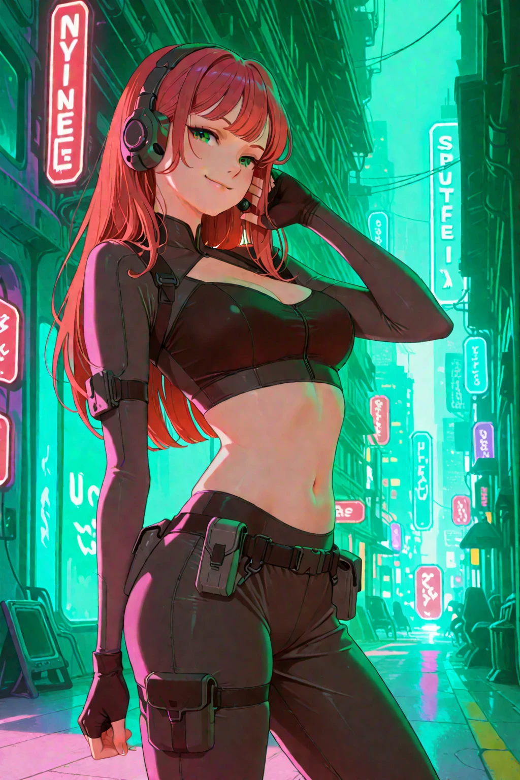 (masterpiece), (best quality), 1 girl, ginger hair,((brown eyes)),curly hair, anime style, freckles, small breast,  figure, cyberpunk clothes, legs
