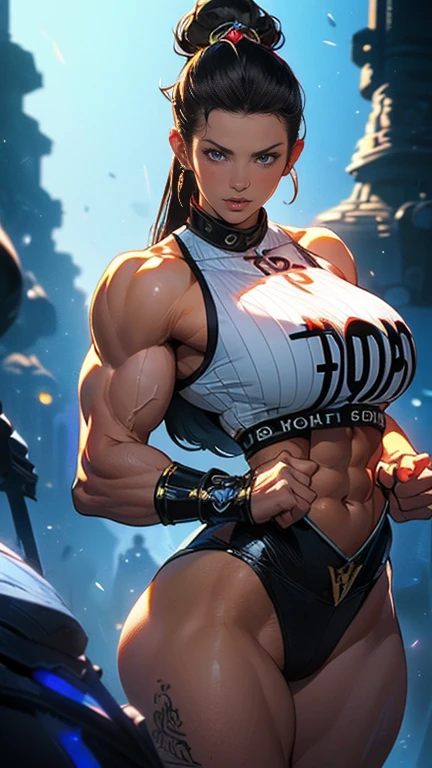 (Masterpiece, high quality), Side View, (Full Body), Big butt, micro bikini, Chun Li, (Sexual Erotic Pose:1.8), (Massive Female Bodybuilder:2), ((Huge Breasts:1.5)), perfect body, bedroom background, (transparent sports clothes:1.7), all parts are clearly visible,