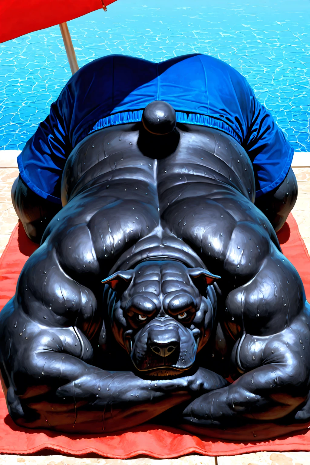 it&#39;s empty here,(SHARKMAN, can be solved, wingless SHARKMAN),, blurred background, underwear, cloth, , rescuer, Male, muscular, muscular anthro, muscular Male,detailed background, Lying on the water, inflate your belly