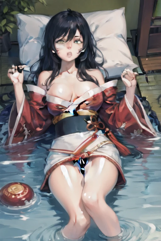 Detailed facial details，1 girl、Cat ear，Black long hair, Charming red eyes, Shy expression，Radiant Skin，red lips，Wet transparent white Japanese kimono，White socks，Kneel on the water，Slim，Large Breasts，Facial details are very detailed, handcuffs，Collar，Japanese Shrines，Cherry blossoms，river