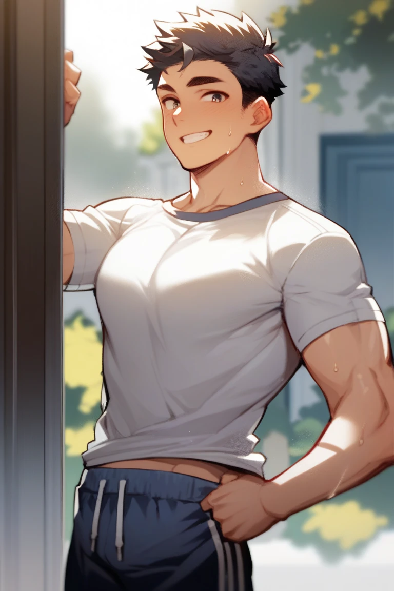 faceless male, raglan shirt, shorts, grin, solo, hands on pockets, bald, no eyes, eyeless, dark skin, muscular
<lora:faceless-11:1>