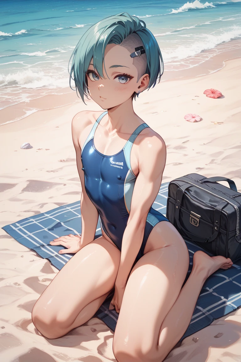 Rezero's, Rem, Ram, Smile,. ((high-leg swimsuit, erotic, white)), spreading limbs, shot on the beach on the beach, full body shooting, low angle,
