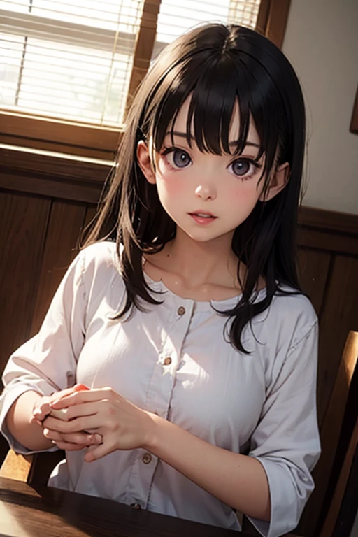 High resolution, Highest quality,  super high quality, Very detailed, 8K、Embarrassing、Sweaty、Sweat、Embarrassing、(masterpiece:1.2, Highest quality), (Realistic, photoRealistic:1.4), Beautiful illustrations, (Natural Side Lighting, Cinema Lighting), View your viewers, whole body, 1 Girl, Japanese, high school girl, Perfect Face, Cute and symmetrical face, Shiny skin, Baby Face, (,Black Hair)black eye, Big eyes, Droopy eyes, (Center of chest, Captivating thighs, Big Ass)