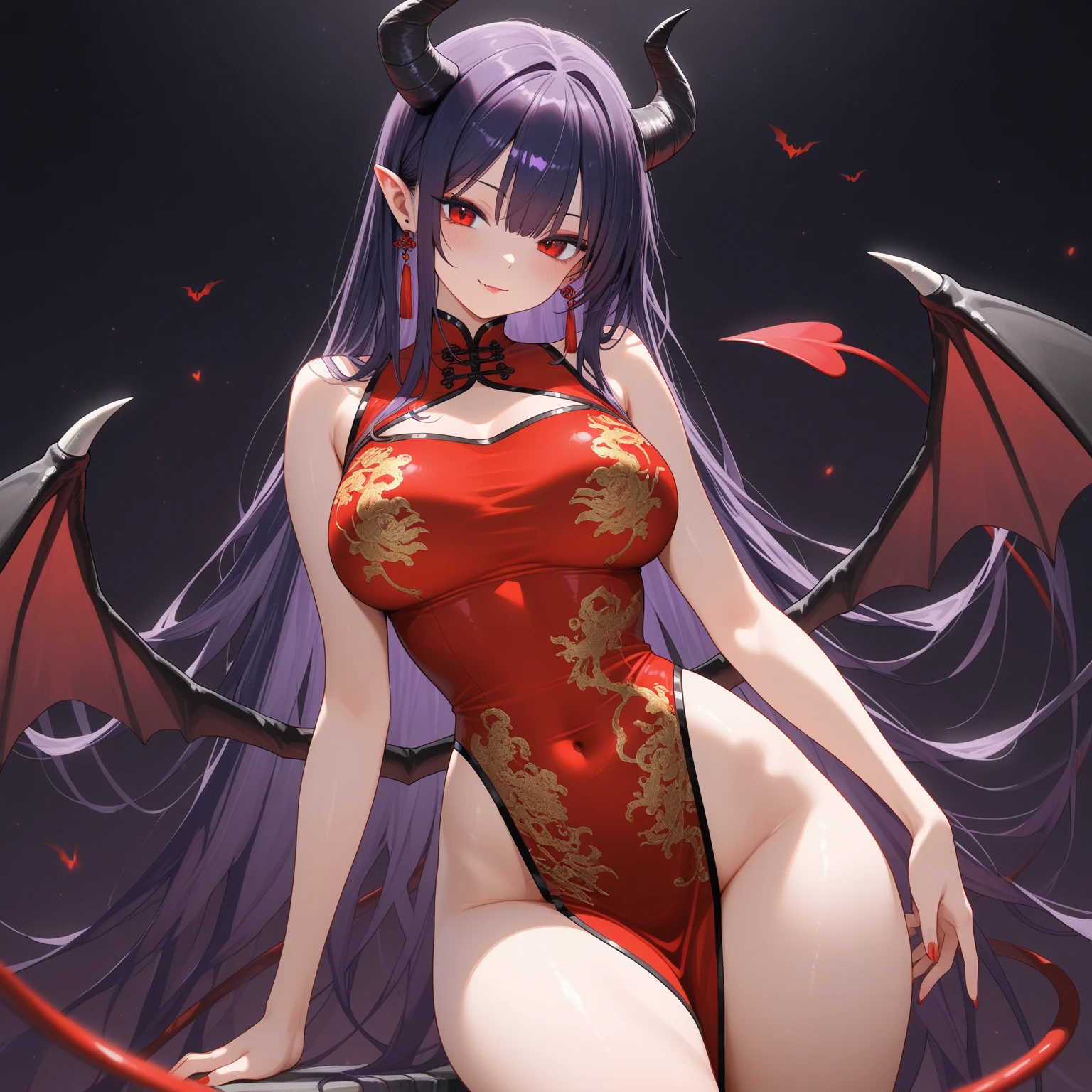 {
  "prompt": "A seductive succubus with long black hair, dark brown eyes, and fair skin. She has a slender and elegant figure with Chinese charm, small red horns, and black bat wings. She is wearing a traditional qipao in red and gold with intricate embroidery and dragon-phoenix patterns, featuring a high slit. She is adorned with traditional Chinese jewelry, such as earrings and bangles. The succubus occupies most of the frame, standing prominently. The background is a classical Chinese garden with a lotus pond and arched bridge, or a modern Shanghai night scene with the Oriental Pearl Tower and neon lights.",
  "aspect_ratio": "16:9"
}