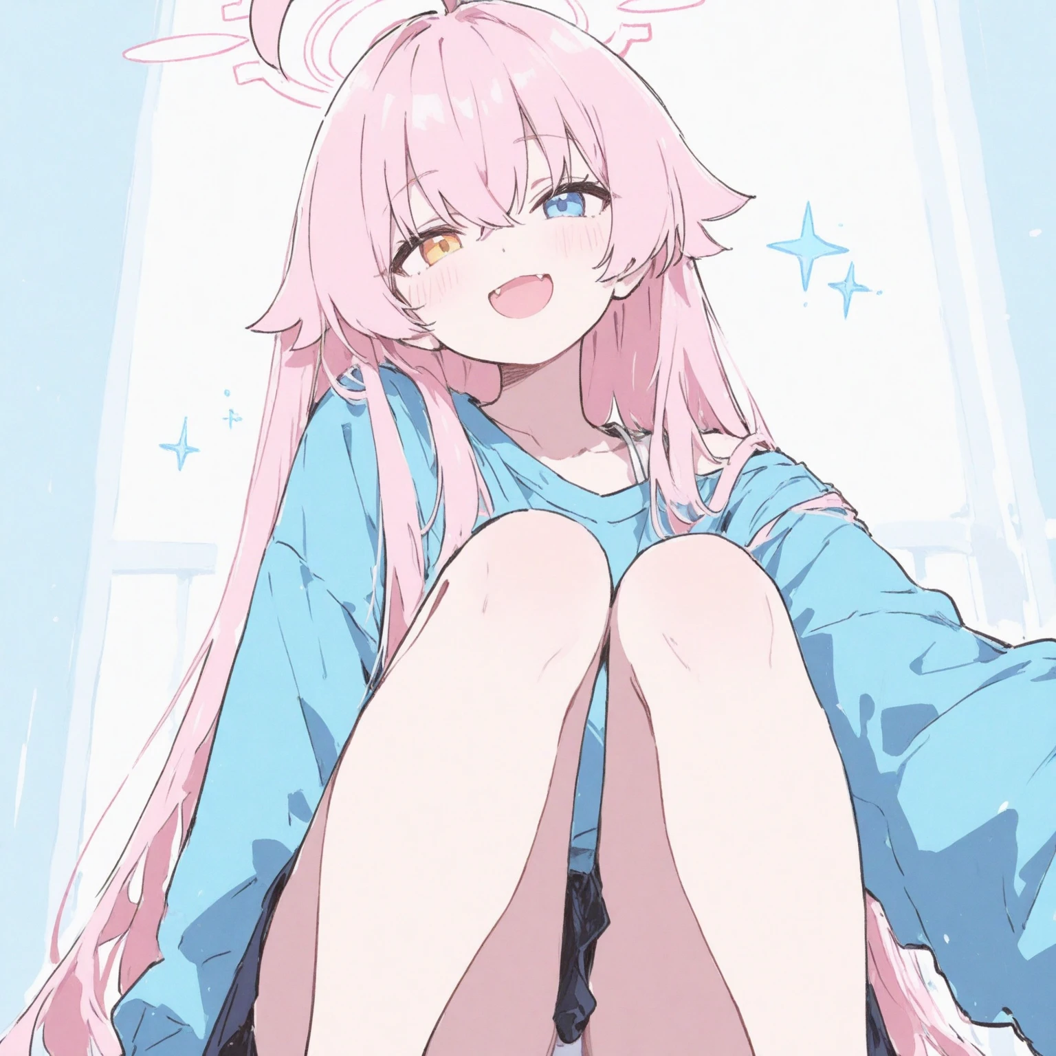 （masterpiece：1.2，high quality），8K，High resolution，A thirteen-year-old girl，cute girl，Takanashi Hoshino（Blue Archive），pink hair，long hair，（yellow and light blue eyes），heterochromia， ahoge，halo，open mouth，laughing，fang out，Sitting on the bed，White shirt，Blue tie，Short skirt，White tights ，white stockings：1.6，primary school student，thigh，alone，((Hands behind your back))