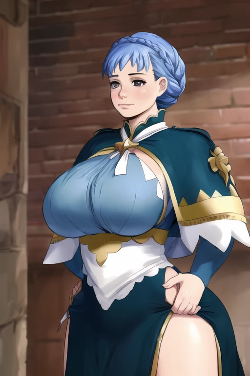 (best quality), (masterpiece), 1 girl, early 20's, huge heavy breasts, busty, perky breasts, thick, thick lips, wide hips, thin waist, mariannernd, crown braid