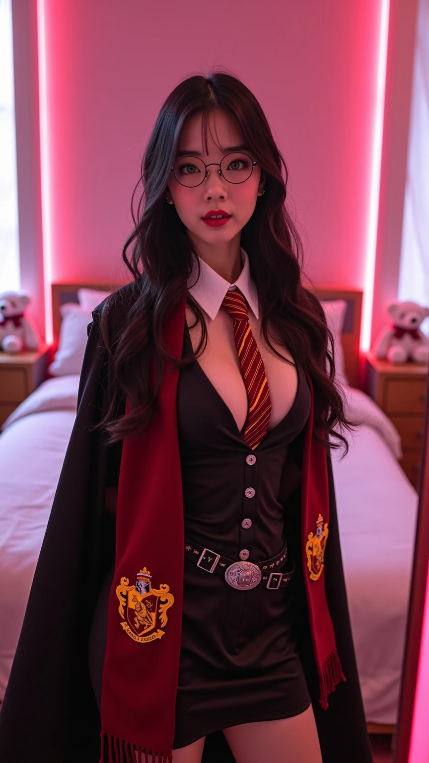 H0GLEGACYv2,(8k, best quality, masterpiece:1.2), (realistic, photorealistic:1.37), ultradetailed, 1 girl, cute,(red nose), (smile:1.15), (closed mouth),beautiful detailed eyes, (long black hair :1.2), black floating hair NovaFrogStyle, hogsks,(((gryffindor))), hogsks, hogwarts school uniform, black robe, red scarf, (scared), (gray vest:1.2), looking at viewer, afternoon, night, dark, medium breasts , marked nipples, depth of field, (direct shot),