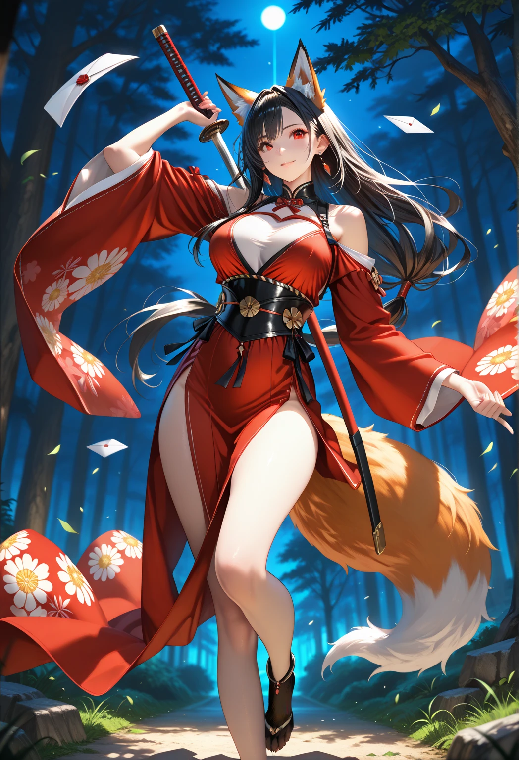 (Masterpiece, 4k resolution, ultra-realistic, very detailed), 1 girl, fox ears, fox girl, (multiple fox tails:1.5), sidelocks, brown hair, very long hair, bangs, (red eyes1.6), (red eyeliner:1.6), beautiful goddess woman, 40 years old, red skirt with side slit, japanese clothes, tight clothes, cleavage, perfect body, perfect breasts, (tight red skirt:1.27), (side slit:1.4), clothing cutout, thighs, (no panties:1.22), gloves, smile, white clothes,